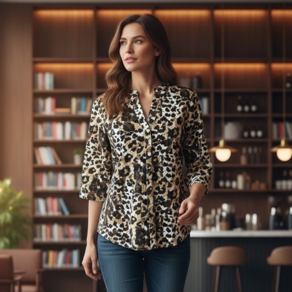 Rebecca Malone Animal Print Button-down Blouse Small